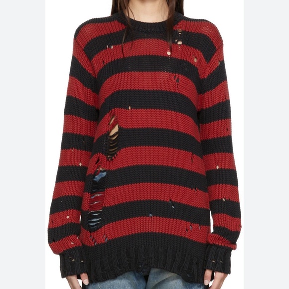 49-$225 R13 grunge shredded striped crewneck top in red/black size s $485 MSRP